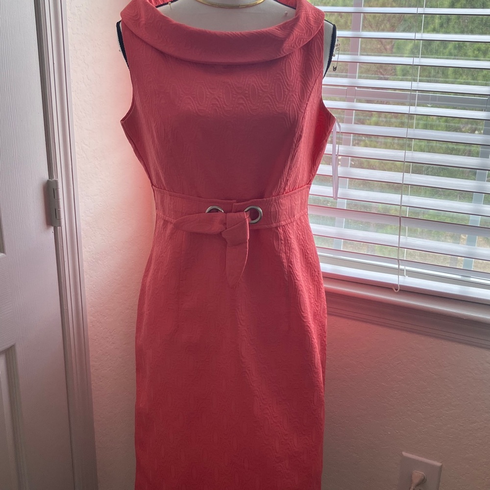 Dress Barn Coral Sleeveless Midi Sheath Dress with Belt